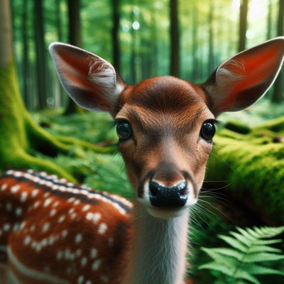 A fawn looks directly at the camera in a forest