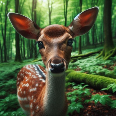 A young deer stares into the camera in a forest