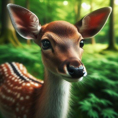 A young deer stares intently at the camera in a lush forest