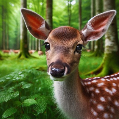 A young deer looks at the camera in a forest
