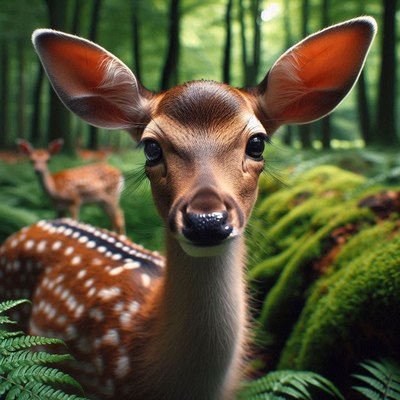 A young deer looks directly at the camera in a forest