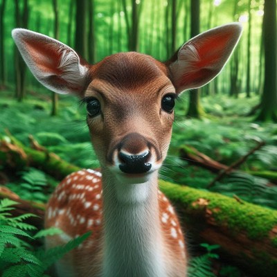 A fawn looks directly at the camera in a forest