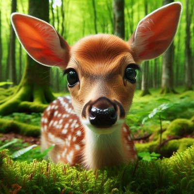 A fawn looks directly at the camera in a forest