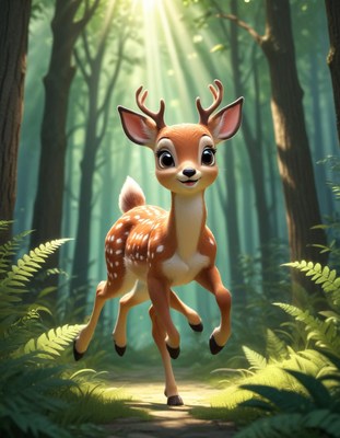 A deer runs through a forest on a sunny day