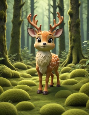 A cute deer stands in a mossy forest