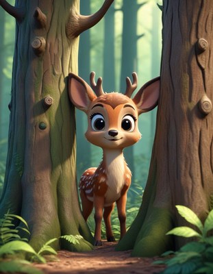 A fawn stands between two trees in a forest