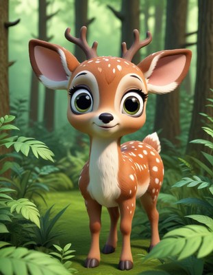A cute fawn stands in a forest