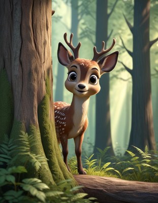 A spotted fawn peeks out from behind a tree in a lush forest