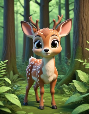 A cute fawn stands in a forest