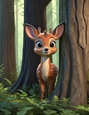 A young deer hides behind a tree in the forest