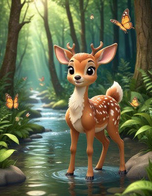 A fawn stands in a forest stream