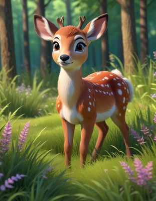 A cute deer stands in a grassy forest