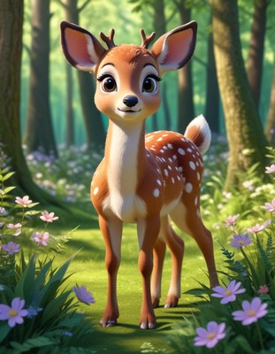 A young deer stands in a forest clearing