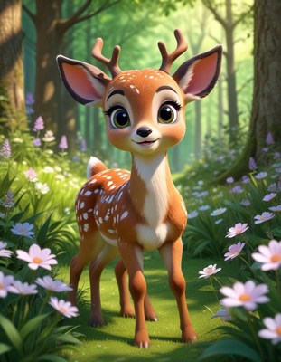 A spotted fawn stands in a forest clearing