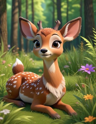 A fawn relaxes in a grassy forest clearing