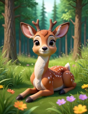 A cute deer rests in a forest clearing