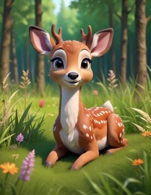 A fawn sits in a grassy clearing in the woods