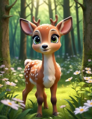 A cute deer stands in a forest clearing