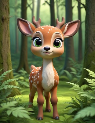 A cartoon deer stands in a forest