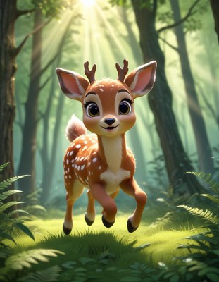 A cute fawn runs through a forest