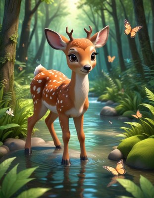 A fawn stands in a forest stream
