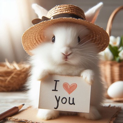 A bunny in a straw hat holds an i love you sign