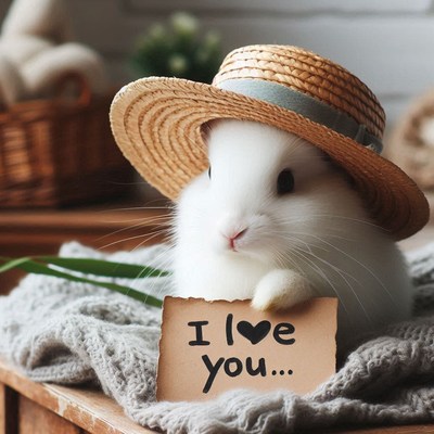 A rabbit in a straw hat holds an i love you sign