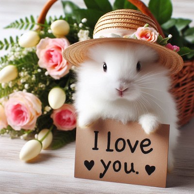White bunny in a straw hat holds i love you sign