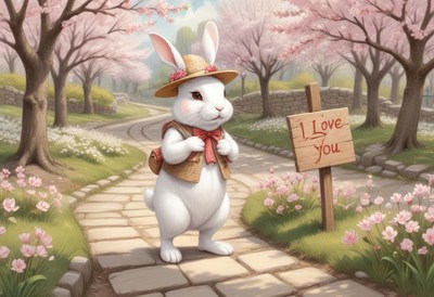 A white rabbit walks down a path lined with cherry blossoms