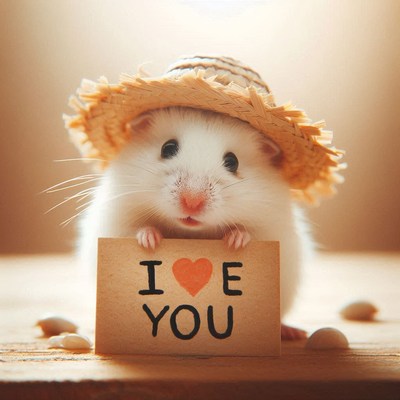 Hamster in a straw hat holds i love you sign