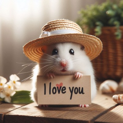 Hamster in a straw hat holds i love you sign
