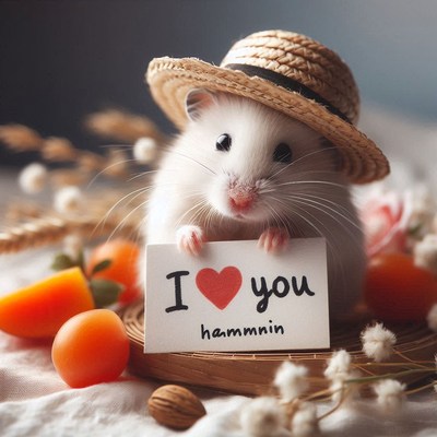 Hamster in a straw hat holds i love you card
