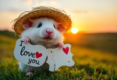 Hamster in a straw hat says i love you at sunset