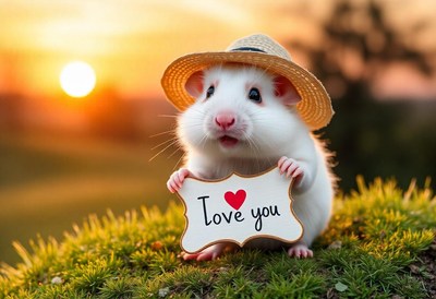 Hamster in a hat holds 'i love you' sign at sunset