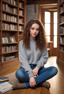 A young woman sits on the floor of a library