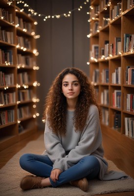 A young woman sits on the floor of a library