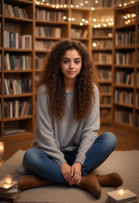 A young woman sits in a library, surrounded by books