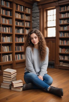 A woman sits in a library surrounded by books
