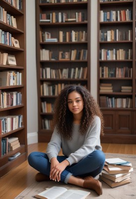 A woman sits in a library, surrounded by books