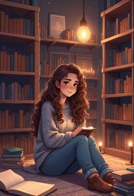 A girl reads under a hanging bulb in a cozy library