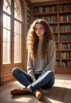 A woman sits on the floor near a window in a library