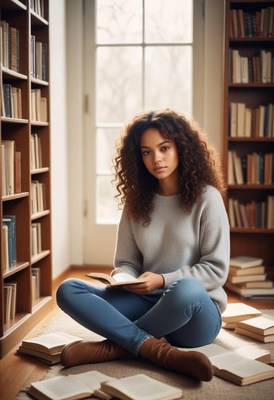A woman sits in a library, surrounded by books, and reads