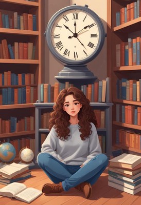 A woman sits among books in a library