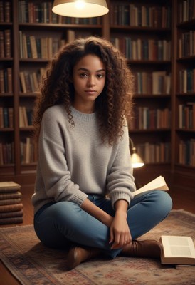 A woman sits cross-legged in a library