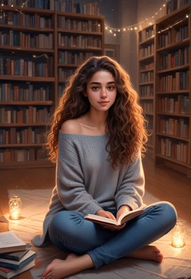 A young woman reads a book in a library