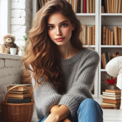 A woman with long brown hair sits in a cozy room
