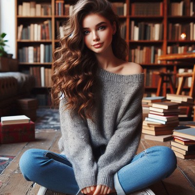A woman sits in a library with a book