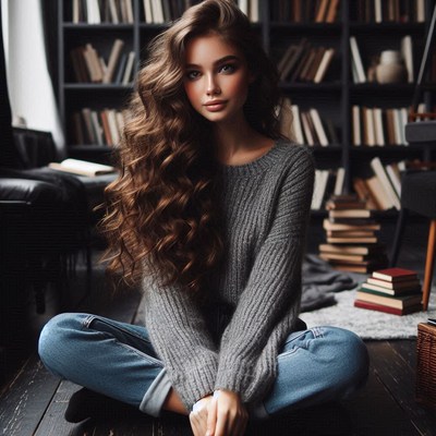 A woman sits in a library, surrounded by books