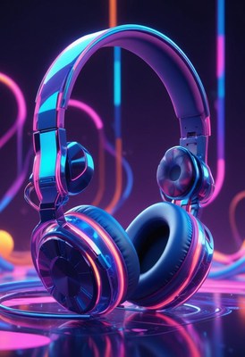 Blue headphones with glowing accents sit on a neon surface