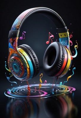 Colorful headphones with music notes floating around them
